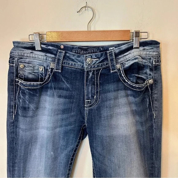 Miss Me Signature Bootcut Jeans Turquoise and Pink Embroidered Pockets with Rine - Picture 3 of 14